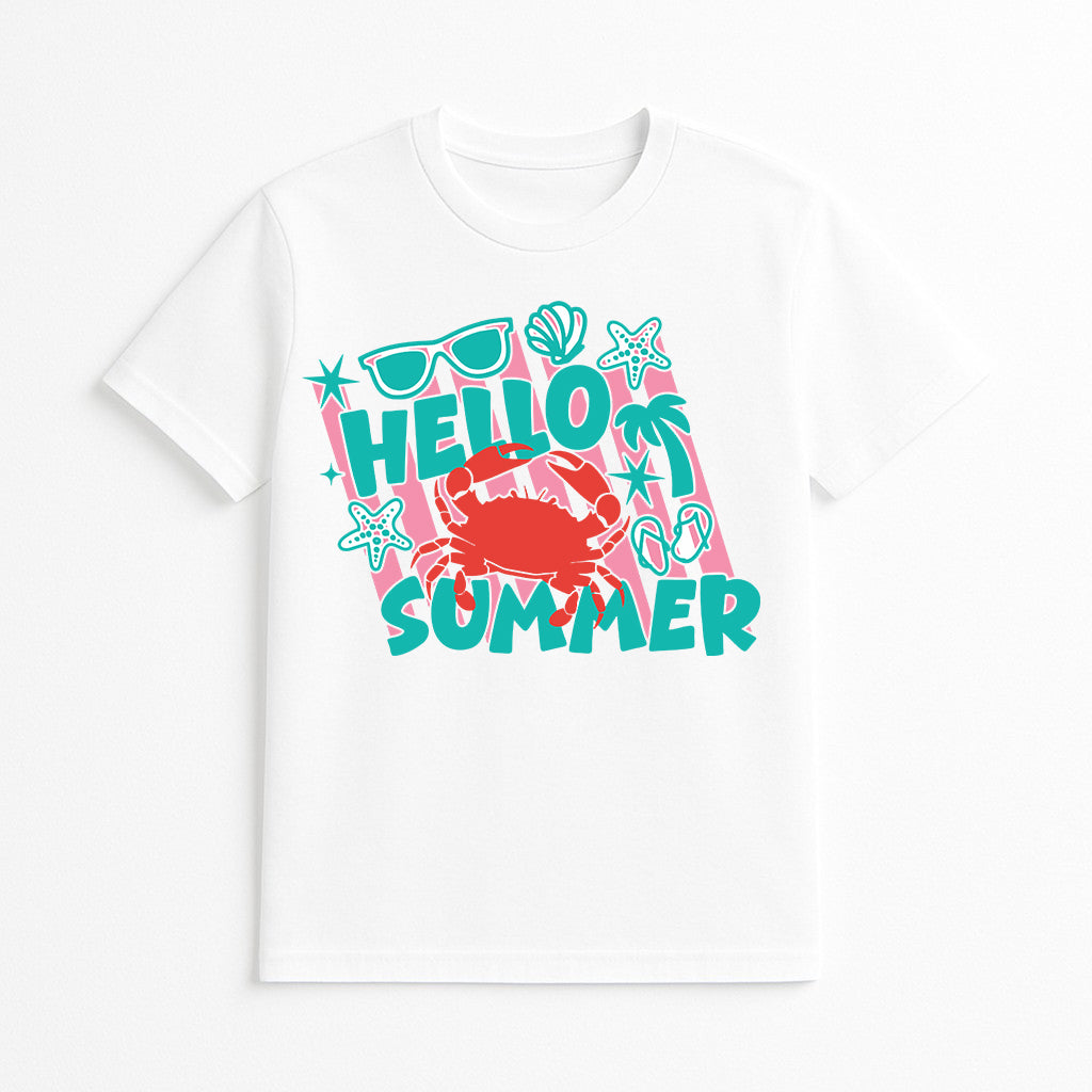 Hello Summer crab graphic tee featuring a colorful beach-inspired design with a red crab, starfish, seashells, sunglasses, palm tree, and flip flops on a white t-shirt.