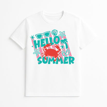 Hello Summer crab graphic tee featuring a colorful beach-inspired design with a red crab, starfish, seashells, sunglasses, palm tree, and flip flops on a white t-shirt.