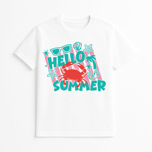 Hello Summer crab graphic tee featuring a colorful beach-inspired design with a red crab, starfish, seashells, sunglasses, palm tree, and flip flops on a white t-shirt.