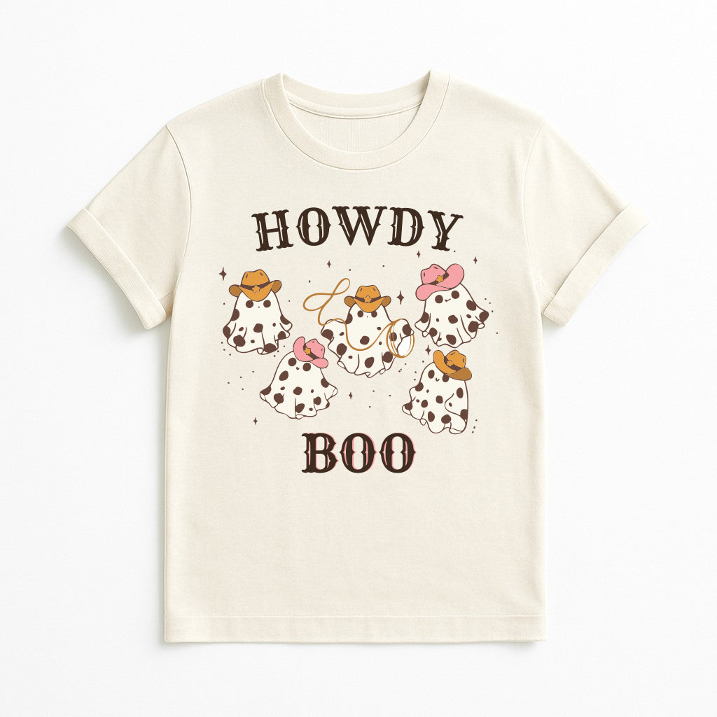 Howdy Boo cowgirl ghost Halloween t-shirt in natural color, cute Western spooky graphic tee with cowboy hats and lasso, kawaii Halloween shirt for women and kids