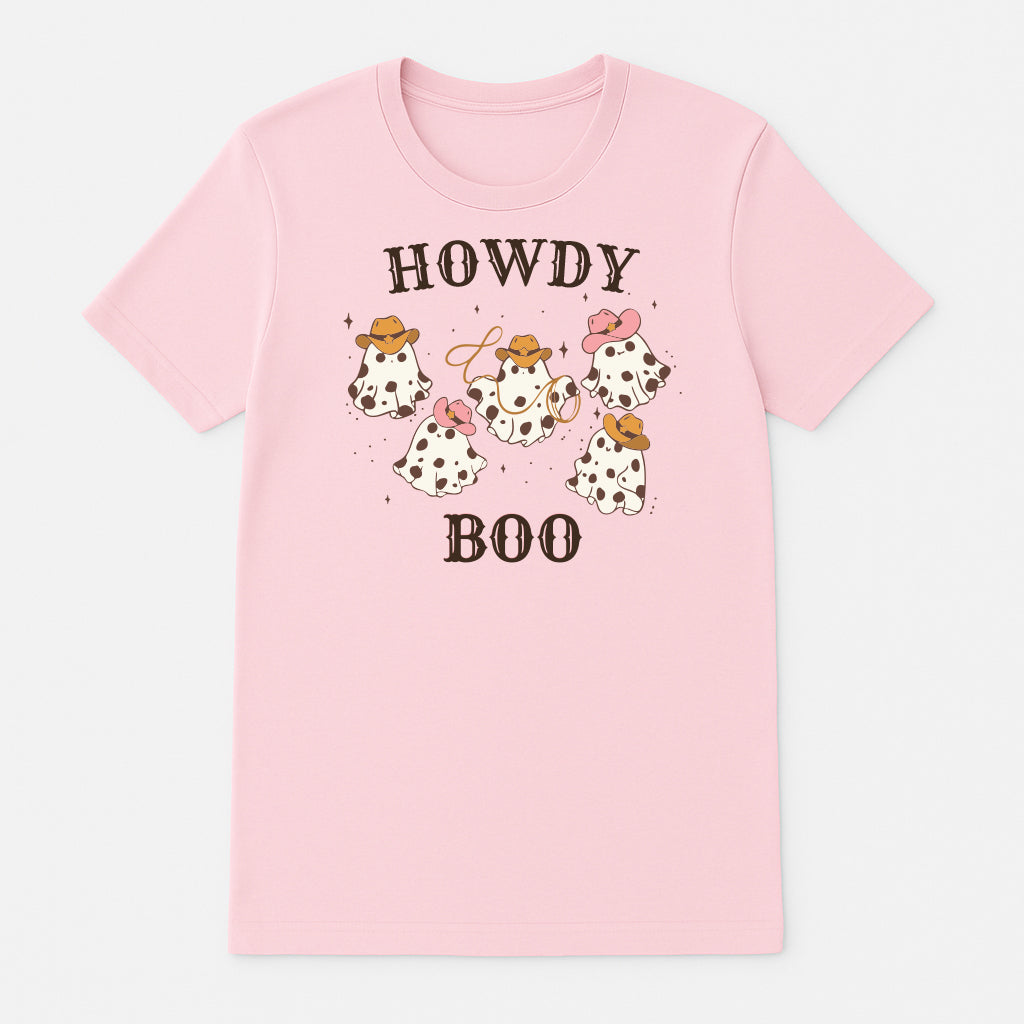Howdy Boo pink cowgirl ghost Halloween t-shirt, cute Western graphic tee with cowboy hats and spotted ghosts, kawaii spooky season shirt for women and girls