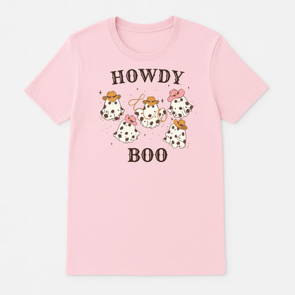 Howdy Boo pink cowgirl ghost Halloween t-shirt, cute Western graphic tee with cowboy hats and spotted ghosts, kawaii spooky season shirt for women and girls