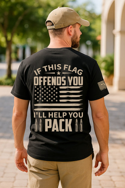 Man wearing black patriotic t-shirt with bold If This Flag Offends You I'll Help You Pack slogan, distressed American flag graphic and sleeve flag print, conservative pro-America shirt