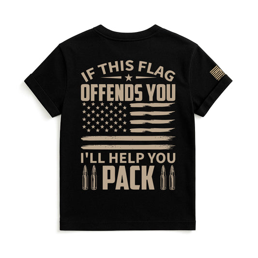 Black patriotic t-shirt with distressed American flag design and bold slogan If This Flag Offends You I'll Help You Pack, conservative pro-America shirt with bullet graphic and sleeve flag