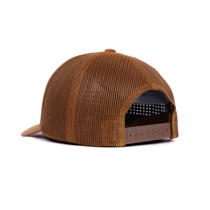 Western trucker hat in brown with Longhorn skull patch and mesh back – angled rear view
