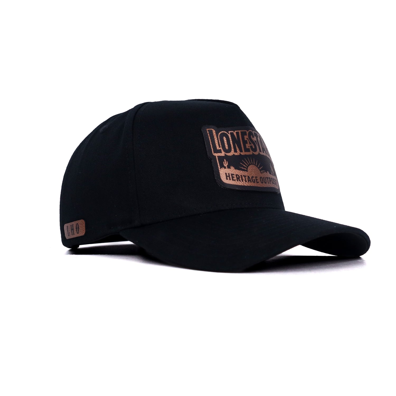Lonestar Heritage Outpost black cap with brown leather patch and LHO detail