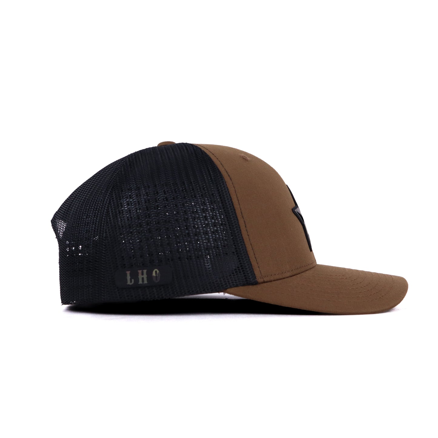 Brown and black Lonestar Legend trucker cap with camo star patch and LHO leather side detail