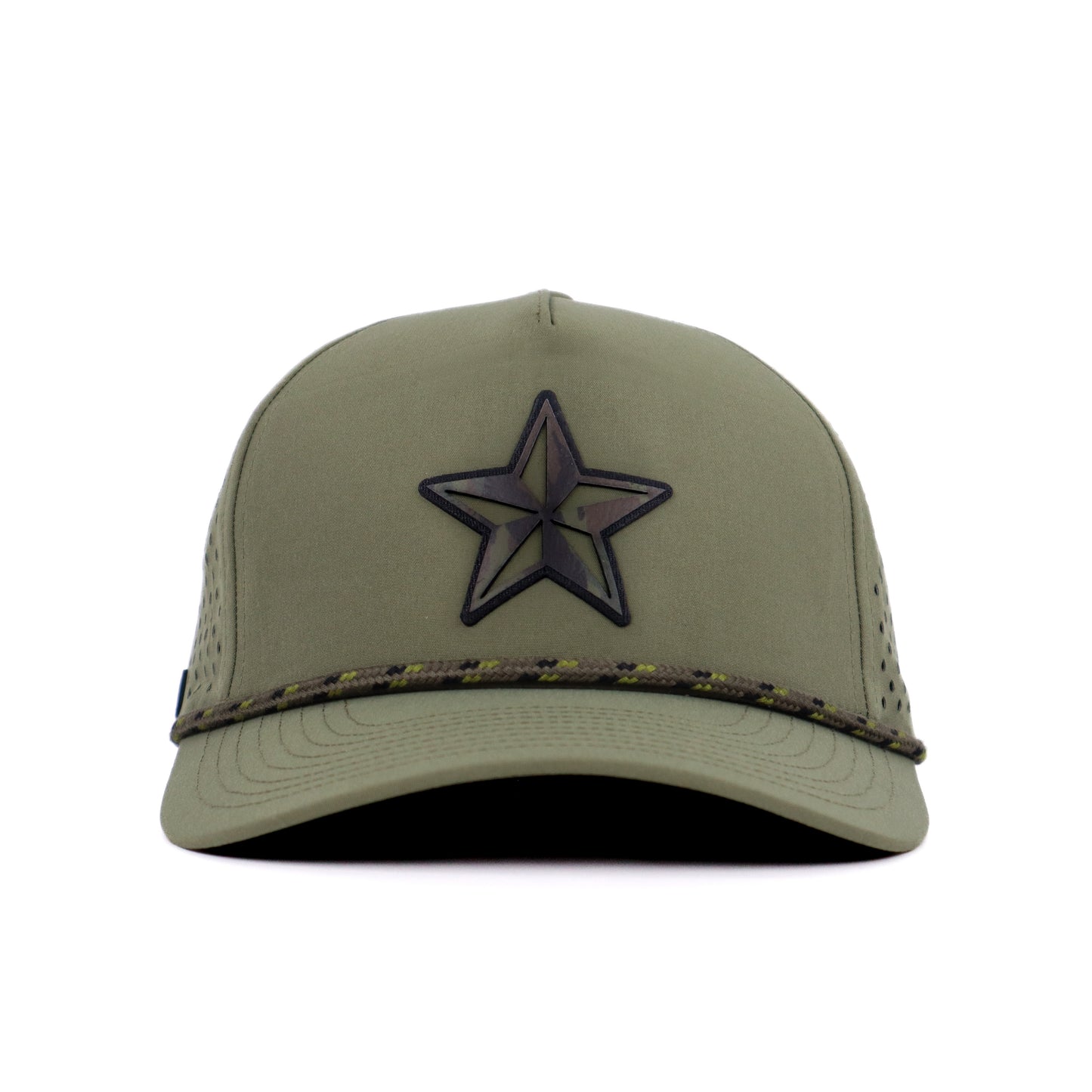 Lonestar Legend Performance Cap Green – front view with Lone Star leather patch and reflective rope accent