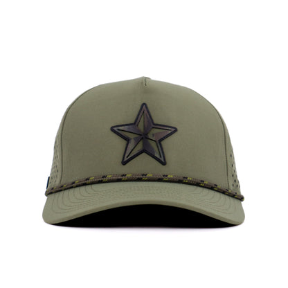 Lonestar Legend Performance Cap Green – front view with Lone Star leather patch and reflective rope accent