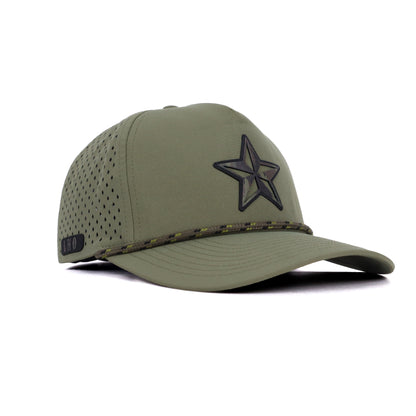 Green Texas snapback hat with engraved LHO leather detail on side panel