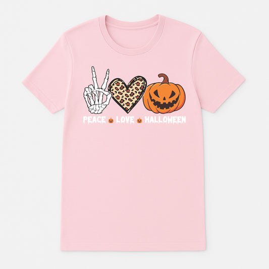 PinkPeace Love Halloween graphic tee featuring a skeleton peace sign hand, leopard print heart, smiling jack-o'-lantern pumpkin, and spooky Halloween typography.