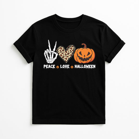 Black Peace Love Halloween graphic tee featuring a skeleton peace sign hand, leopard print heart, smiling jack-o'-lantern pumpkin, and spooky Halloween typography.