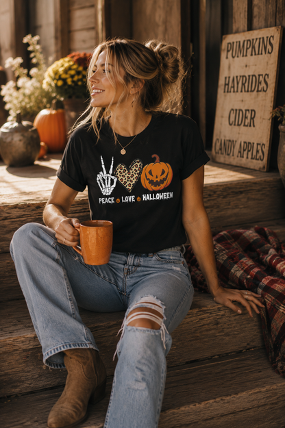 Woman wearing the Peace Love Halloween graphic tee featuring a skeleton peace sign, leopard print heart, and jack-o'-lantern pumpkin while relaxing on a rustic fall porch with pumpkins and autumn décor.