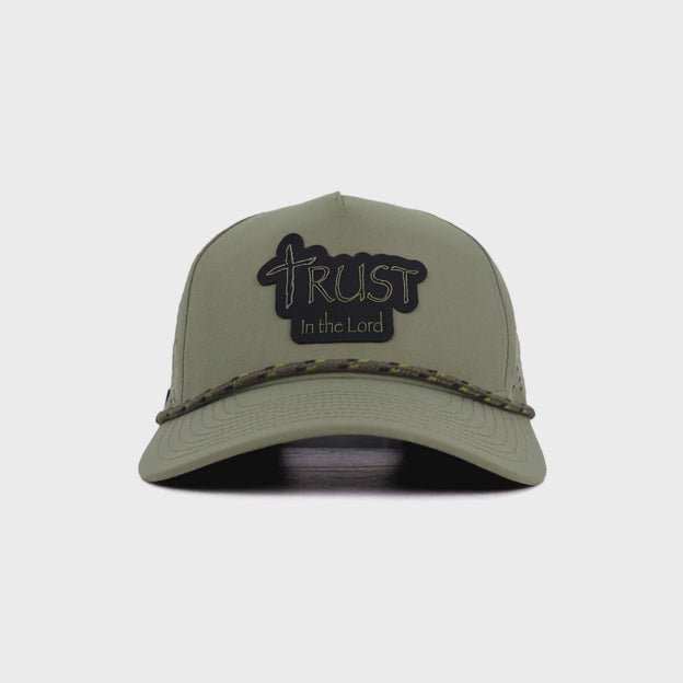 
Olive Green snapback hat with black leather Trust in the Lord patch from the Unshaken Collection by Lonestar Heritage Outpost, faith-based headwear for men
