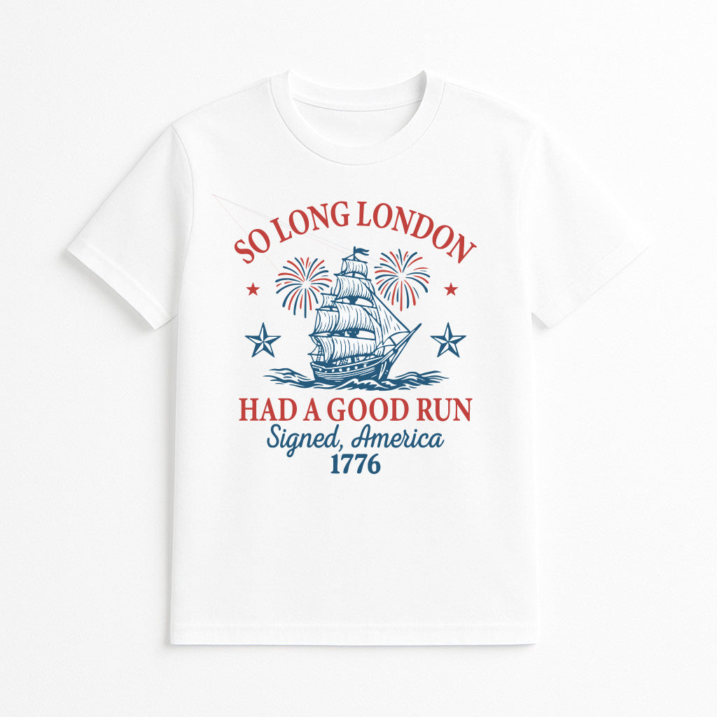 White So Long London 1776 graphic t-shirt with vintage ship and fireworks design