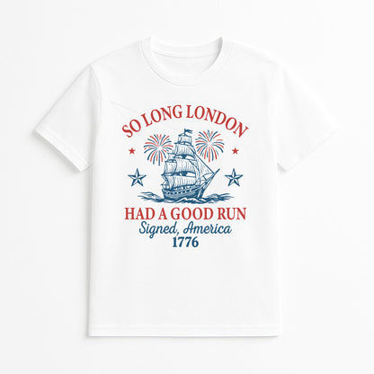 White So Long London 1776 graphic t-shirt with vintage ship and fireworks design