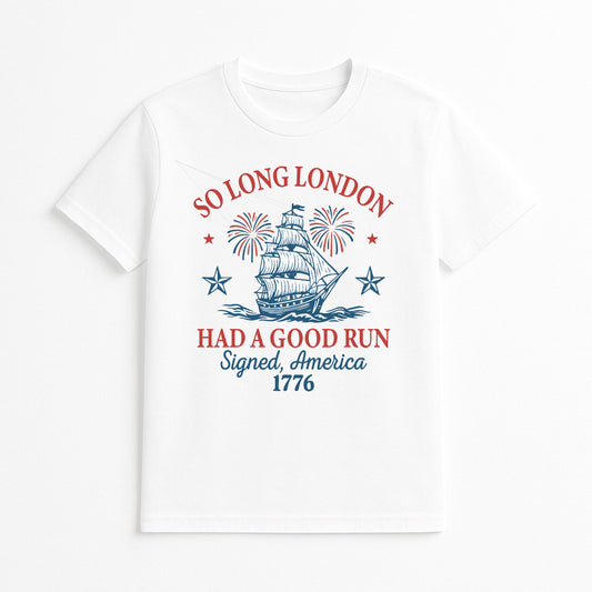 White So Long London 1776 graphic t-shirt with vintage ship and fireworks design