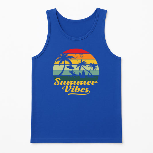 Summer Vibes blue tank top with retro sunset and palm trees graphic, tropical beach shirt for vacations, summer parties, and casual wear
