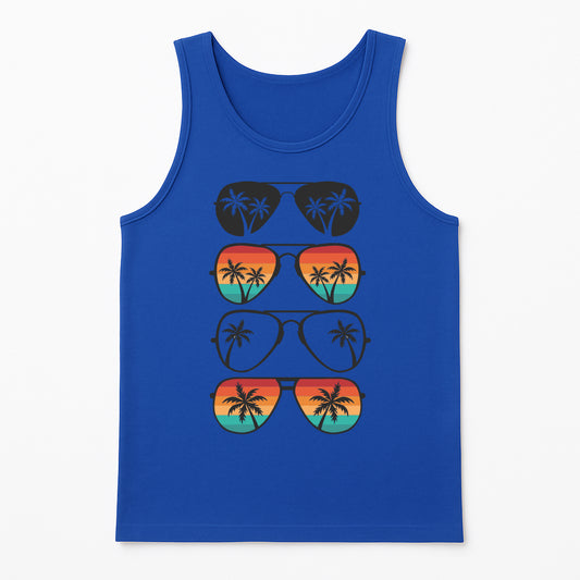 Blue summer tank top with retro aviator sunglasses graphic, palm tree reflection design, tropical beach vacation shirt for men and women