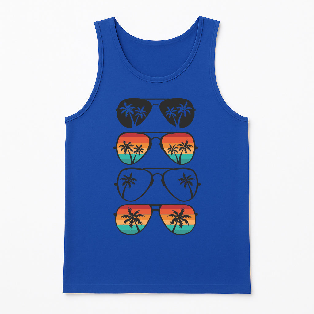 Blue summer tank top with retro aviator sunglasses graphic, palm tree reflection design, tropical beach vacation shirt for men and women
