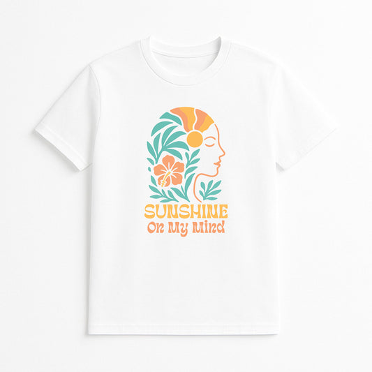 White Sunshine On My Mind graphic t-shirt with retro tropical floral and coastal design