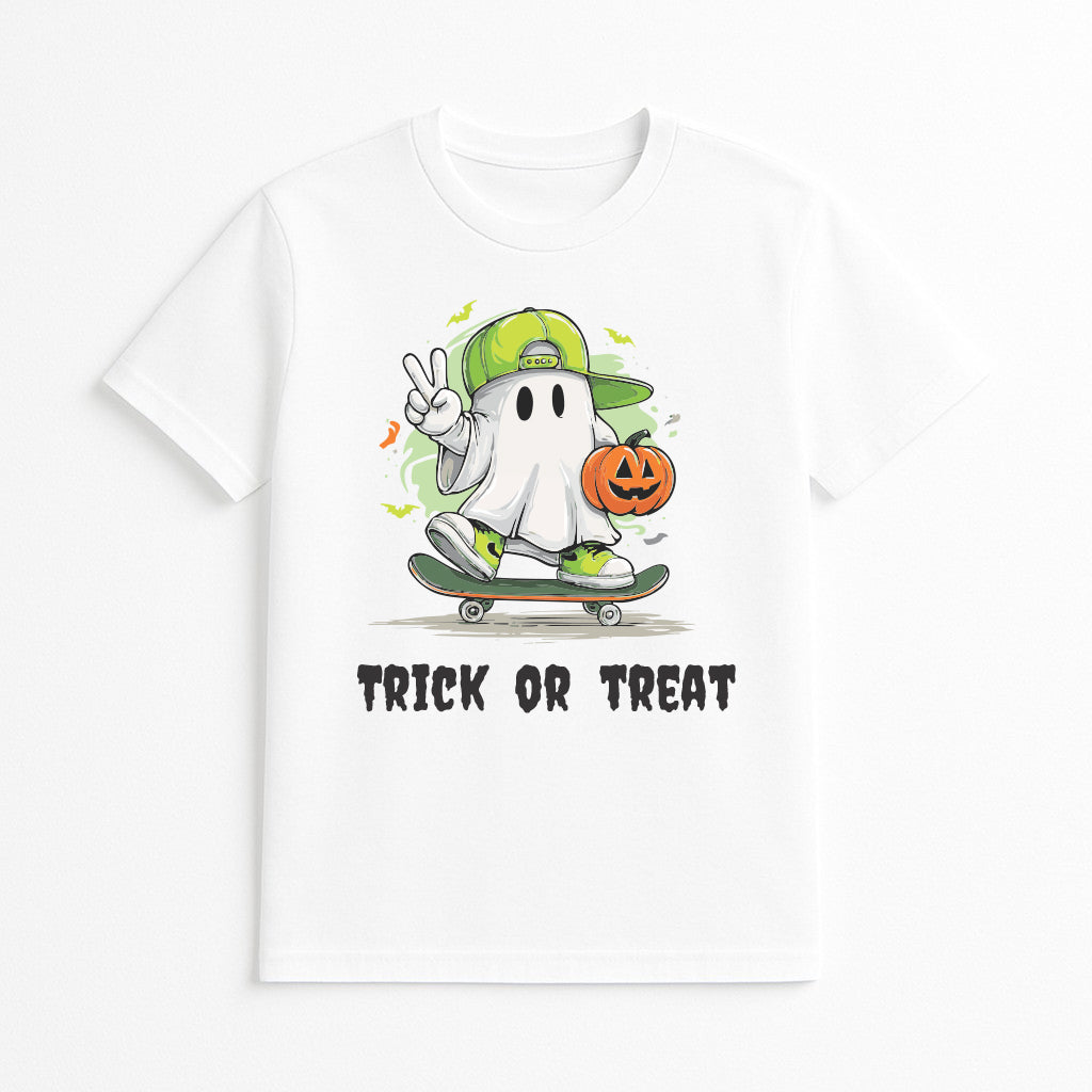 White Trick or Treat graphic tee featuring a cute ghost riding a skateboard while carrying a jack-o'-lantern pumpkin in a playful Halloween design.
