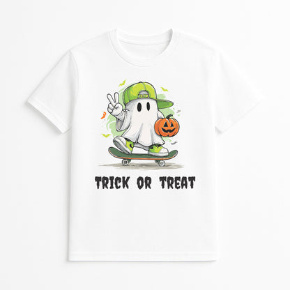 White Trick or Treat graphic tee featuring a cute ghost riding a skateboard while carrying a jack-o'-lantern pumpkin in a playful Halloween design.