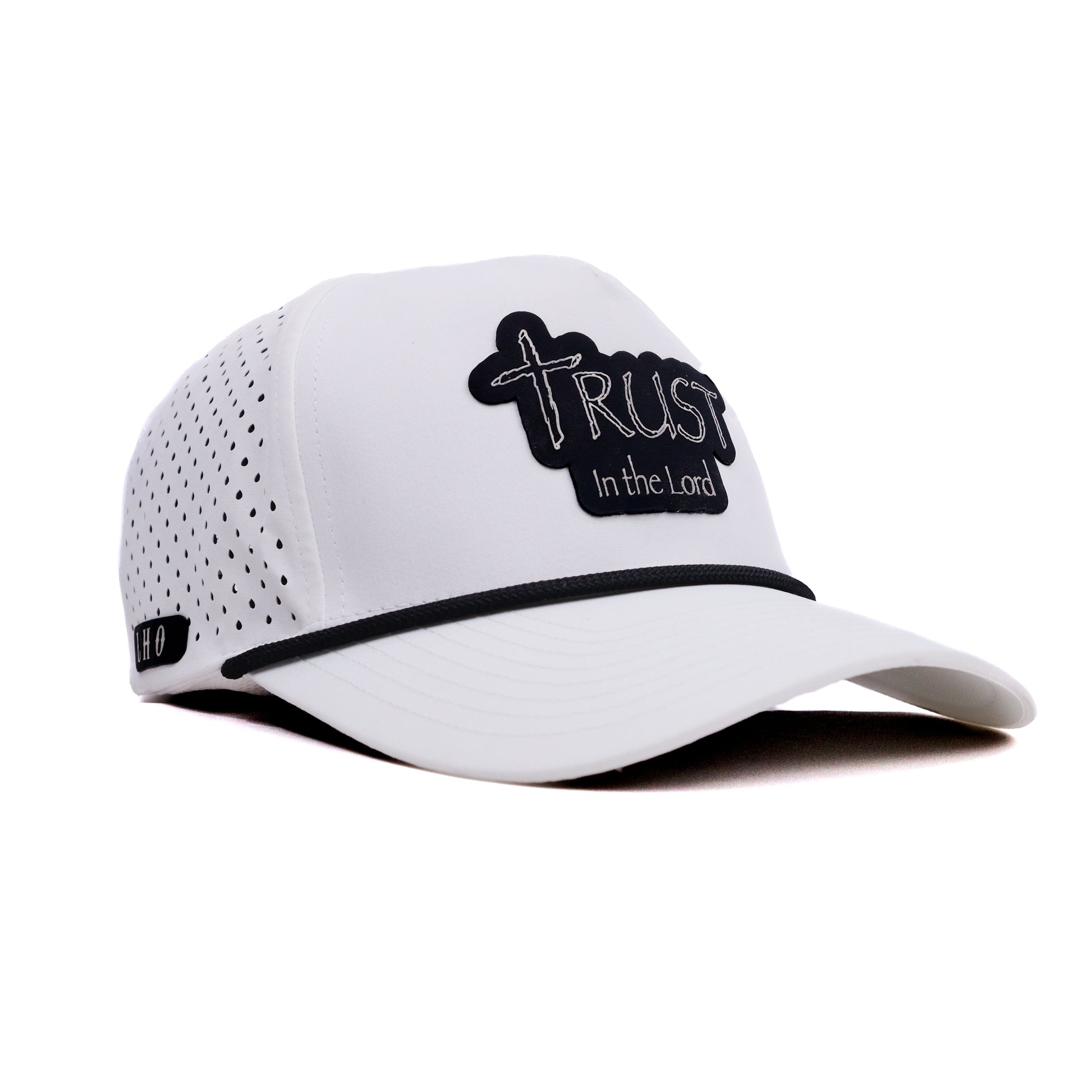 Faith-based Trust in the Lord hat in white with perforated sides, snapback, and rope accent