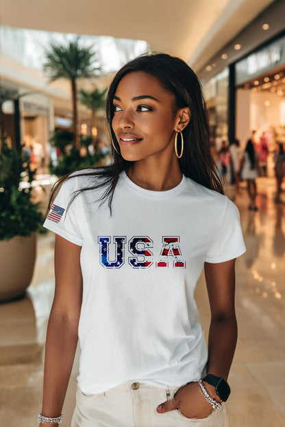 Women’s white patriotic t-shirt with USA grunge American flag letters, distressed USA graphic shirt for Fourth of July, Memorial Day, and patriotic events