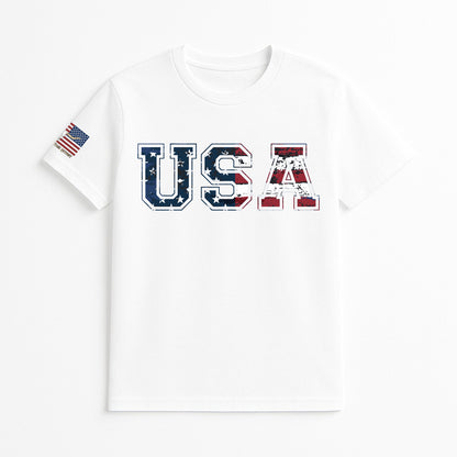White patriotic t-shirt with bold USA letters in distressed American flag design, grunge USA graphic tee with sleeve flag print, Fourth of July shirt for men and women