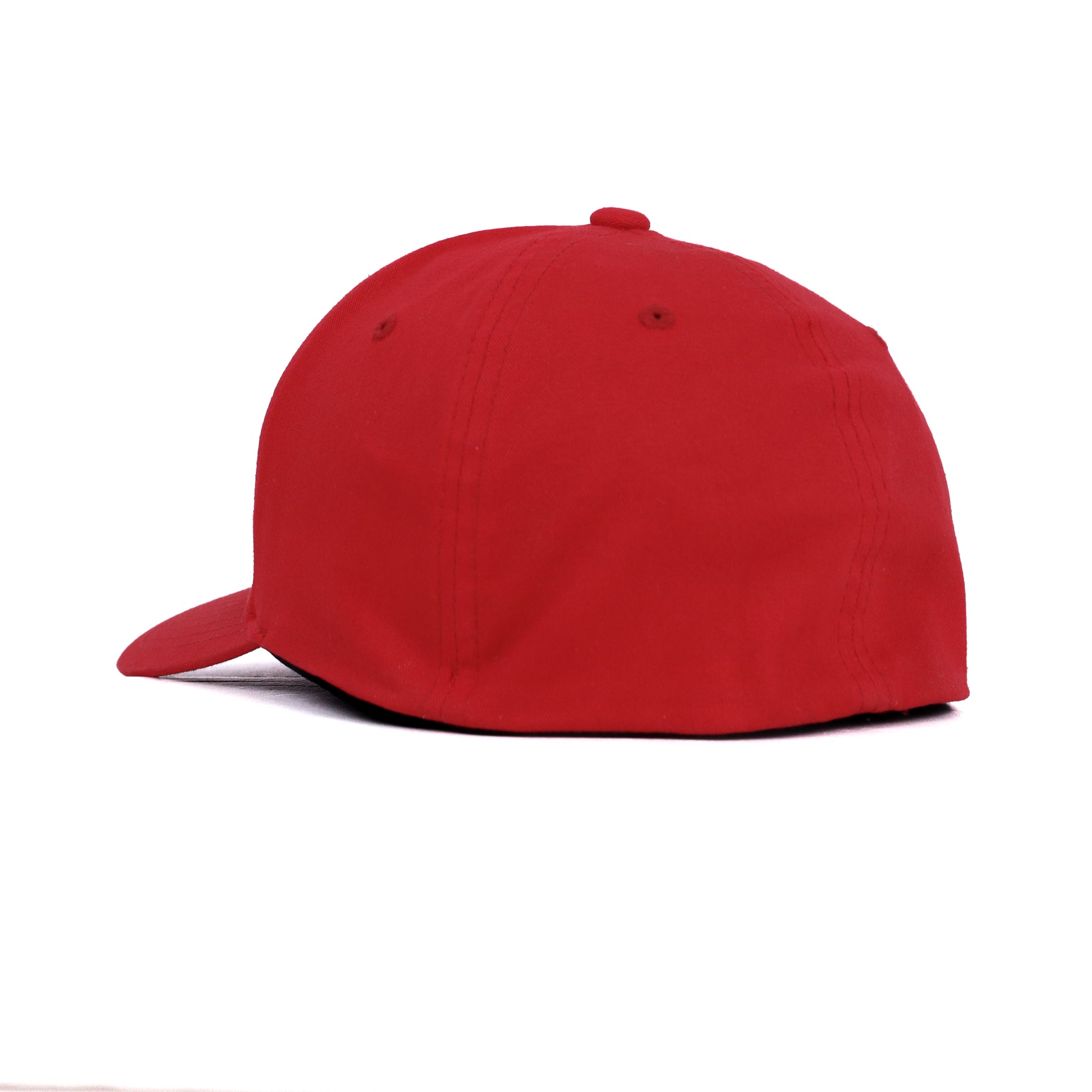 Side back view of patriotic red USA hat with engraved patch design, curved brim.