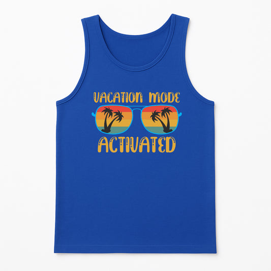 Vacation Mode Activated tank top in true royal blue, tropical sunglasses graphic with sunset and palm trees, fun summer vacation shirt for men and women