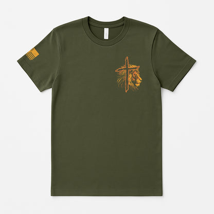 Christian t-shirt front design in army green with lion and cross graphic, Walk by Faith Bible verse shirt with American flag sleeve, religious apparel for men and women