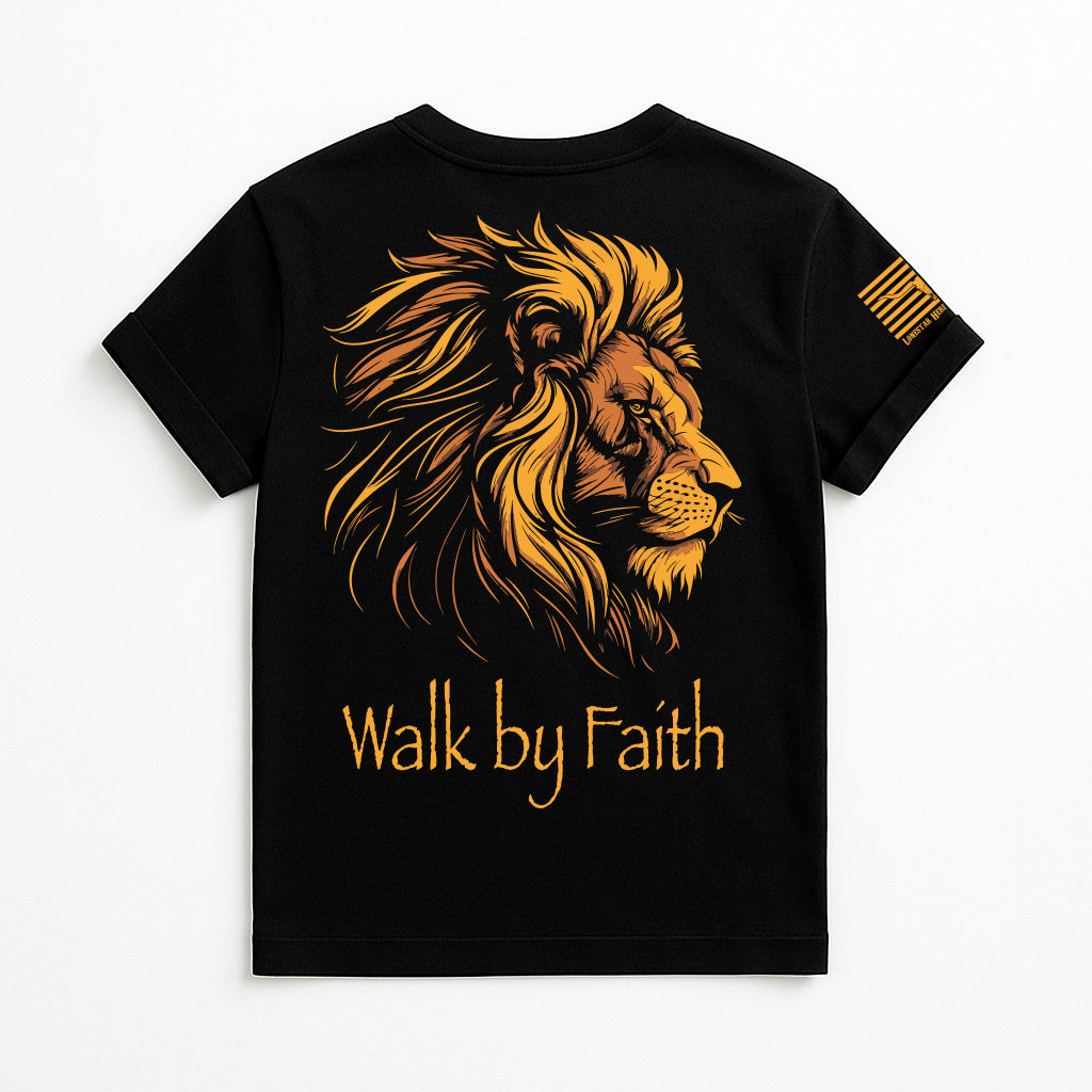 Walk by Faith lion of Judah t-shirt back design, Christian faith shirt with bold lion graphic and scripture message, patriotic religious apparel for men and women, Bible verse graphic tee