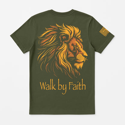 Walk by Faith lion of Judah t-shirt in army green, Christian Bible verse shirt with bold lion graphic and patriotic sleeve flag, religious faith apparel for men and women
