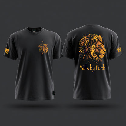 Christian graphic t-shirt with bold lion and cross design, Walk by Faith Bible verse shirt, faith-based apparel for men and women, patriotic sleeve flag print, religious lion of Judah shirt made in Texas